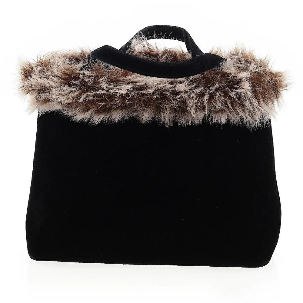 Boutique Faux Fur Shearling Black Velour Satchel Boho Y2K Handbag Red Lining
